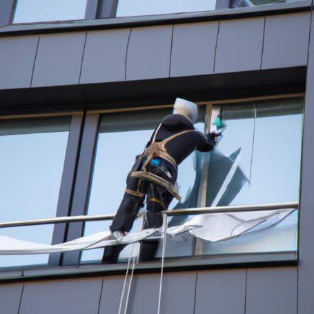 Fensterputzer reinigt Fenster an einem hohen Gebäude mit einer Sicherheitsausrüstung.